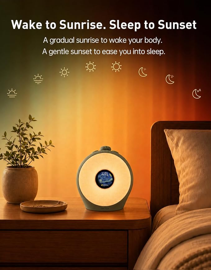 Dekala Sunrise Alarm Clock for Heavy Sleepers with Pulse Wake, Sunset Sound Machine with Breathing Ambient Light, Loud Alarm for Bedrooms, Wake Up Light, Digital Color Display & 7 Themes, No App