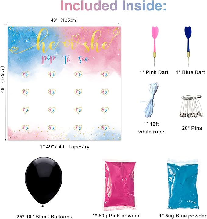 Baby Gender Reveal Dart Board Game, Reveal Balloon for Girl or Boy, Pink and Blue Powder for He or She Party, Gender Reveal Party decoration kit