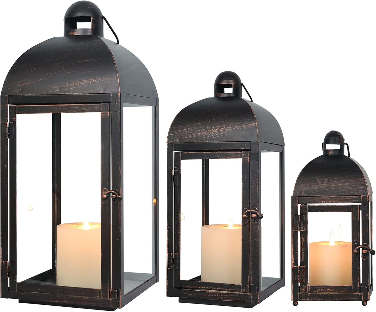 NEEDOMO Lanterns Decorative Outdoor & Indoor, Set of 3 Outdoor Lanterns for Porch, 23" Large Candle Lantern, Bronze Metal Frame with Glass, Vintage Farmhouse, Patio, Pathway, Garden, Fall, Christmas