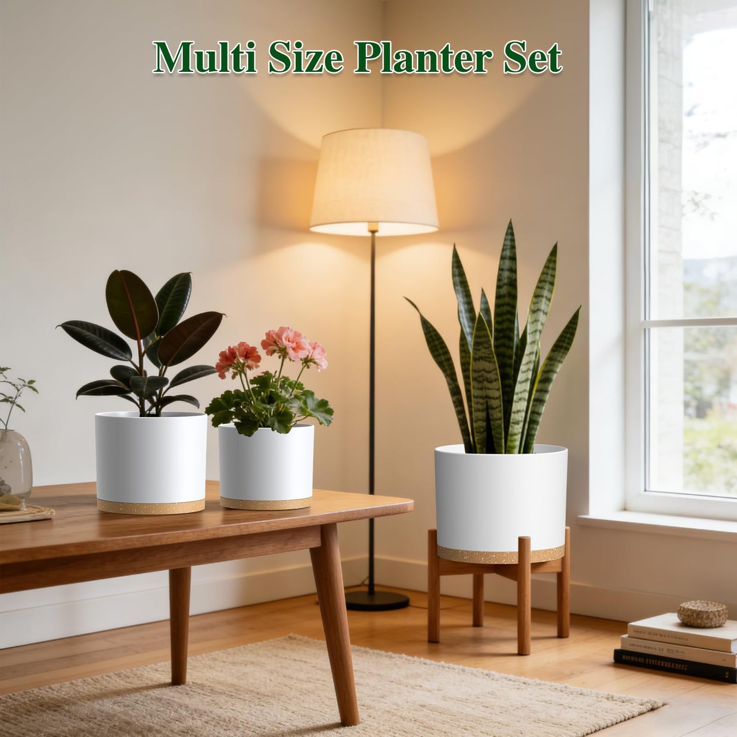 KUGAZ Plant Pots, 10/9/8 Inch 3 Pack Cylindrical Flower Pots with Drainage Holes and Saucers, Plastic Planters for Outdoor Indoor Plants,White Brown