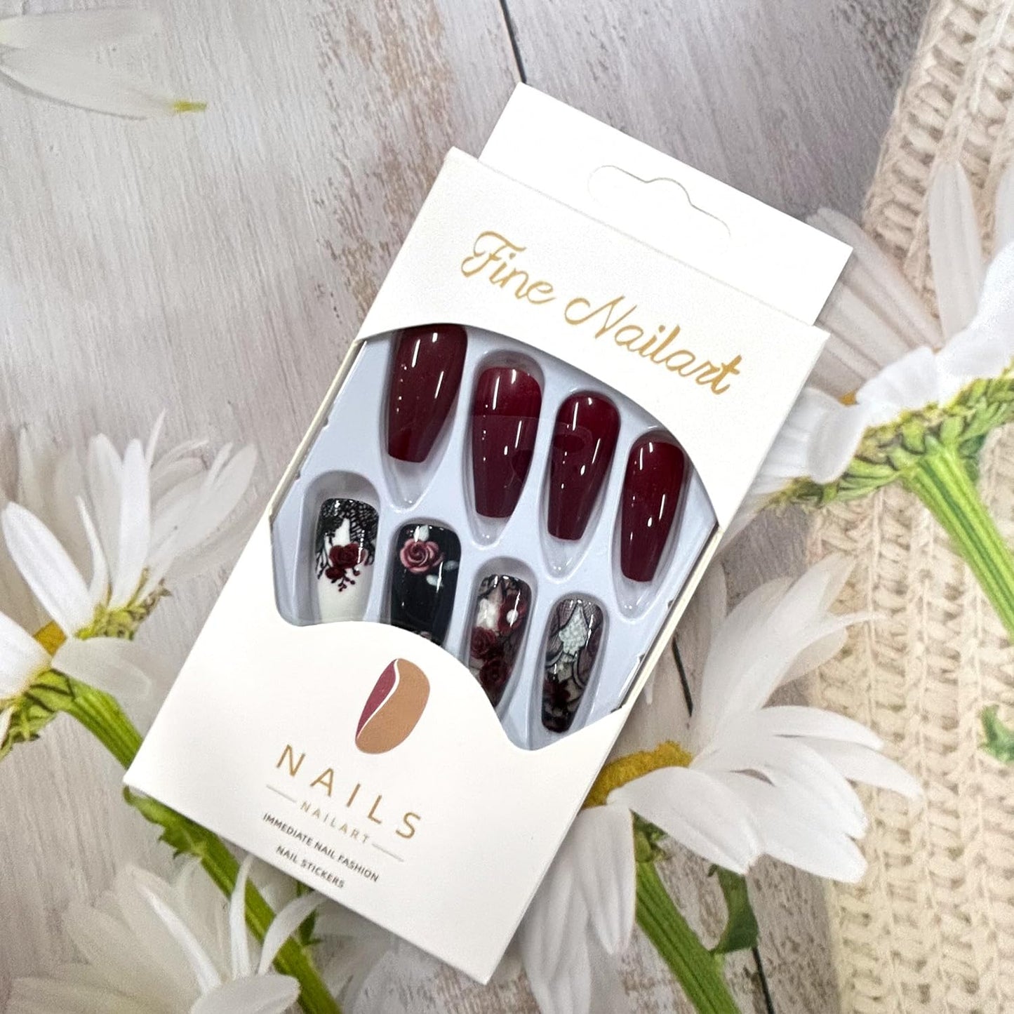 CJDLTS Press on Nails Medium Length Red Rose Flower False Nails Black Lace Pattern Design Full Cover Heart Press Nails Artificial Ballet Shaped Stick on Nails Glossy Acrylic Glue on Nails for Women