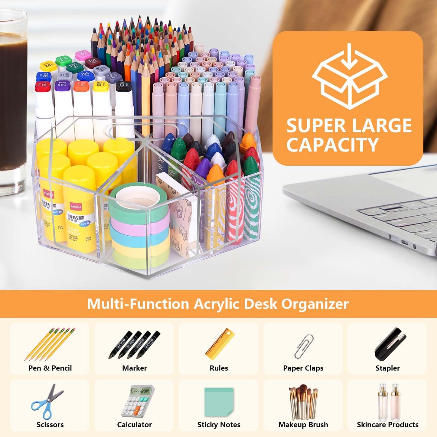 Hiborateed Pen Holder for Desk Acrylic, Large 6 Slots 360-Degree Rotating Marker Organizer Pencil Holder, Caddy Art Supply Organizer Crayon Organizers for Office School