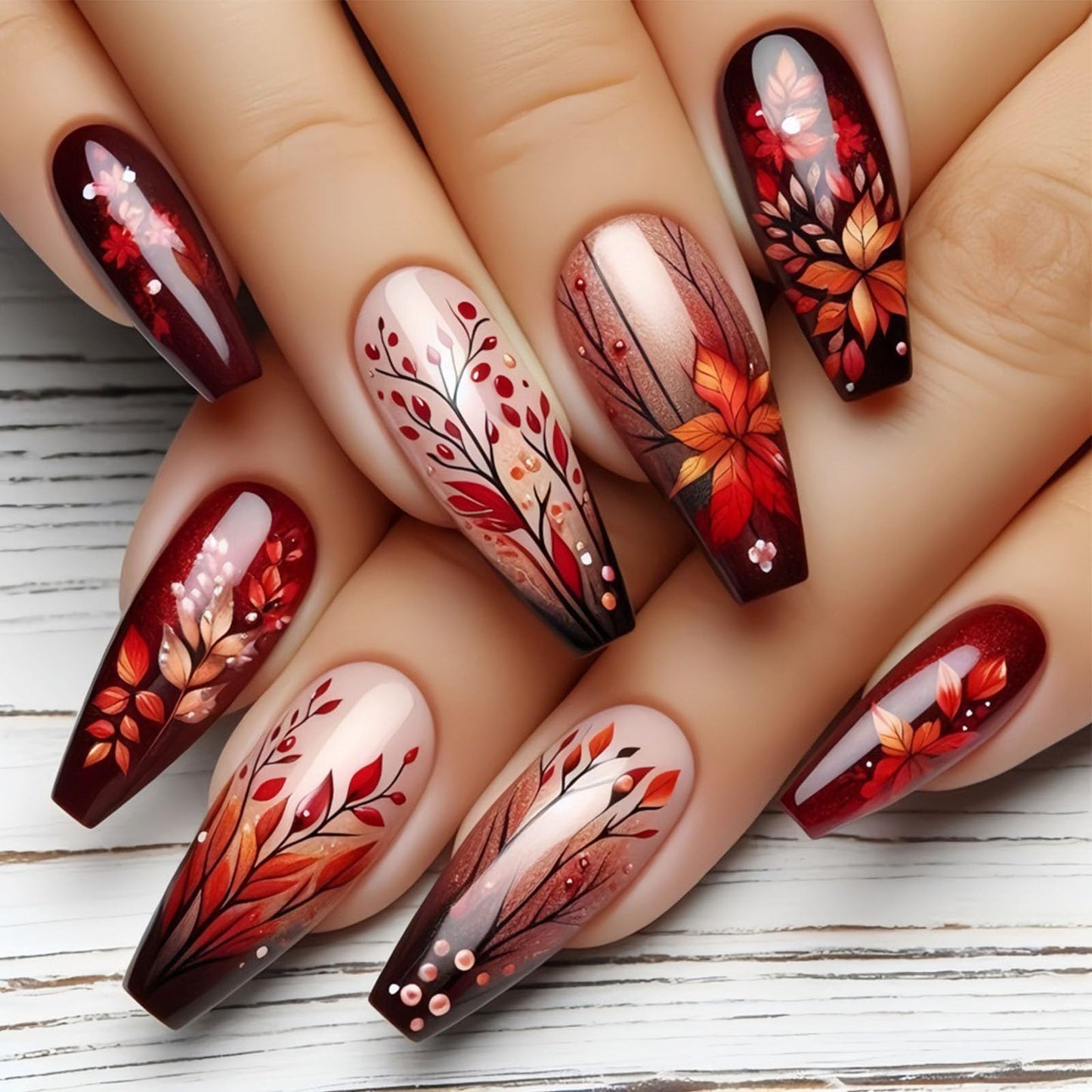 Fall Press on Nails Medium Coffin Fake Nails with Maple Leaves Dot Designs Glossy Nails Press ons Brown Gradient Glue on Nails Autumn Acrylic Artificial Stick on Nails for Women 24Pcs