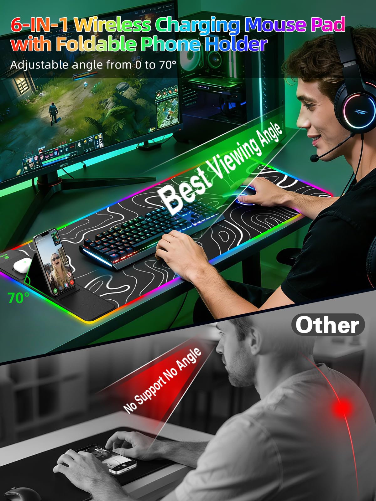 Mouse Pad with Foldable Phone Holder & Wireless Charger, XXL RGB Gaming Mousepad 31.5"x15.8" Large Desk Mat for Keyboard, 11 Colors 5 Modes