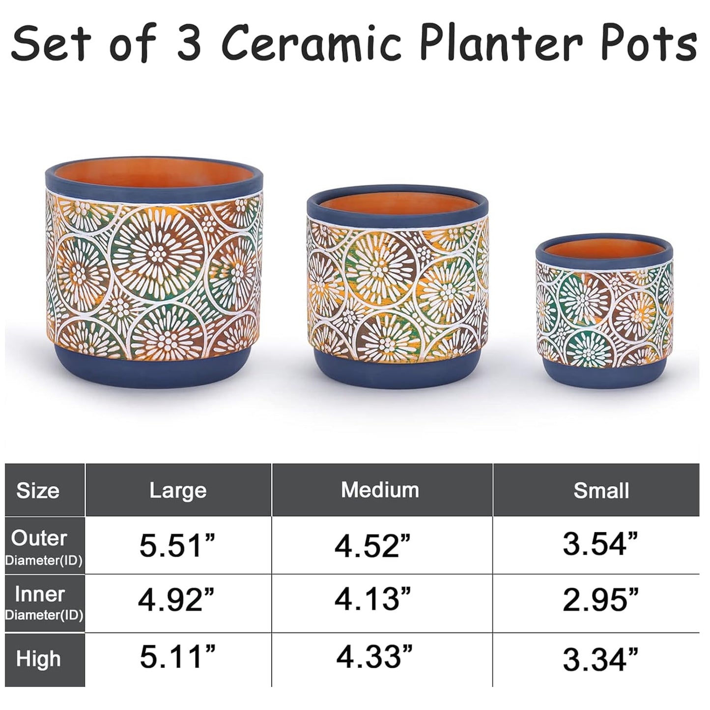 DeeCoo 3 Piece Ceramic Plant pots Indoor Pots Set with Drainage Holes, 5.7/4.7/3.5/inch, Modern Decorative pots Outdoor Plants Lilies, Cacti, Succulents, Snakes, and Bamboo (Blue)