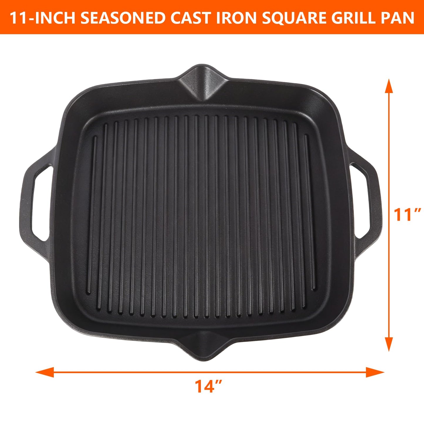 11" Cast Iron Square Grill Pan, Pre-Seasoned Griddle with Handles, Heavy Duty Skillet Griddle Replacement Part for Stovetop, BBQ & Campfire, Indoor & Outdoor Cooking