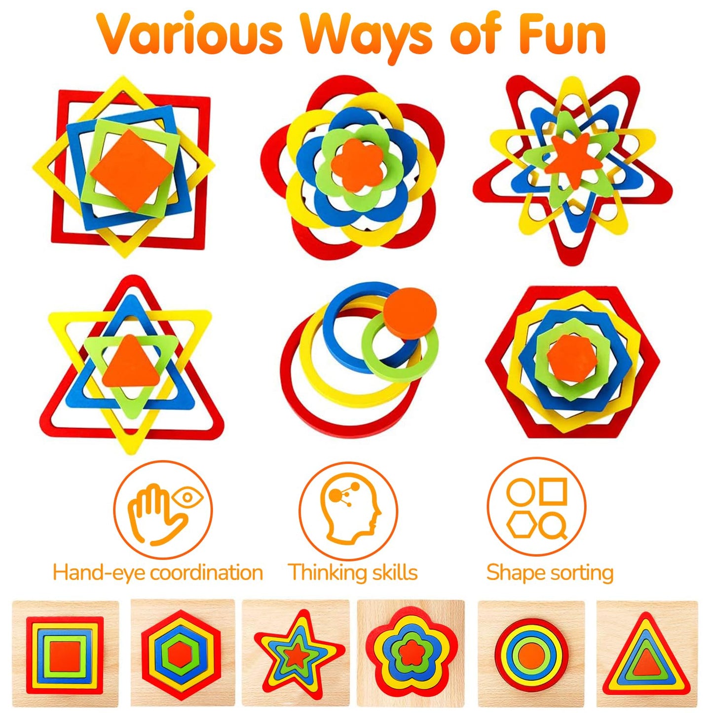 Toddler Puzzles Montessori Toy Wooden Shape Sorting Puzzle Sensory Toy Toddler Activities Preschool Learning Educational Autistic Developmental 1 2 3 Year Old Girl Boy 1-3 Dementia Game Easter Gift