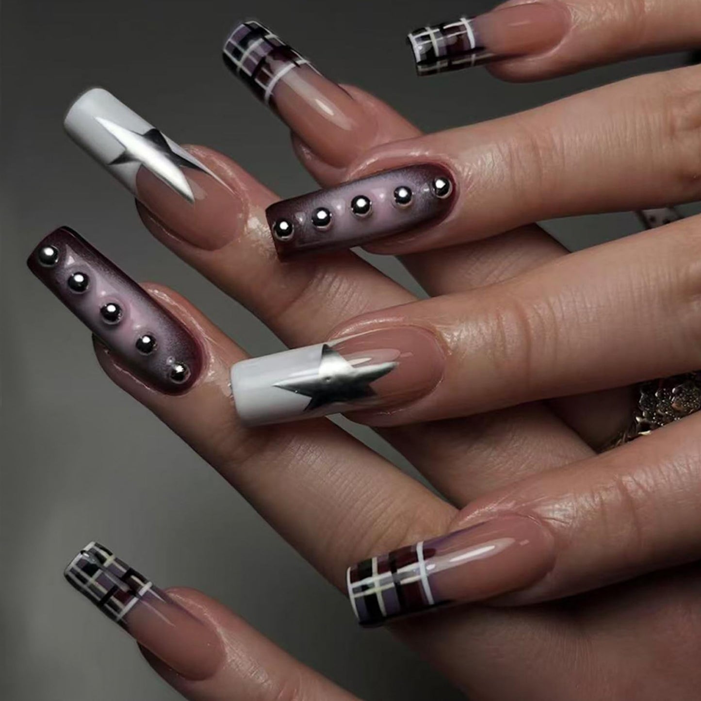 Long Press on Nails Square Fake Nails Brown Acrylic Nail Press Ons Seeneey Stars and Silver Charm Designs Rhinestones Stick on Nail for Women 24pcs