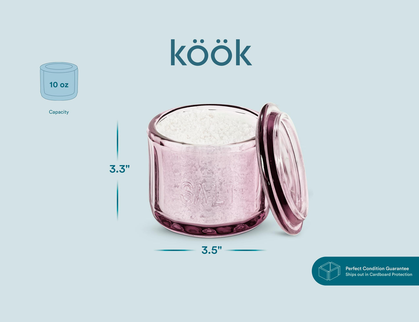 KooK Glass Salt Cellar, with Lid, Embossed Pressed Glass, Clear Storage Container, for Coffee, Sugar, Spices and Candies, Handwash Only, 10 oz, (Pink)