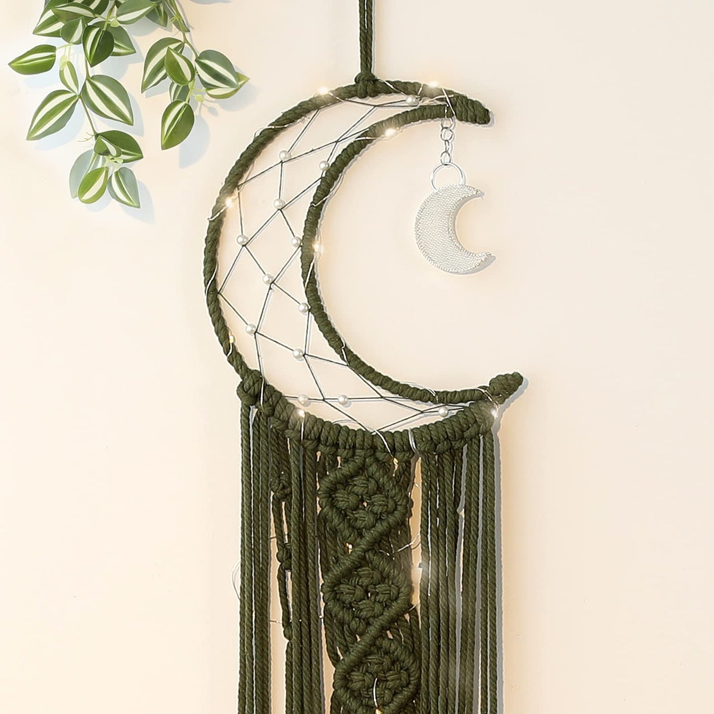 Olive Macrame Moon Dream Catcher, Boho Crescent Phase Woven Wall Hanging with Light, Handmade Unique Bohemian Nursery Decor with Star Ornament Decoration for Home Bedroom, for Girl Kids