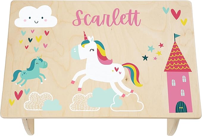Unicorn Step Stool for Kids- Personalized Wood Toddler Step Stool with Name for Kitchen Sink, Bathroom, Potty Training, Kitchen Sink- Sturdy and Safe- Made in USA by BloomOwl (Unicorn- Doodle)