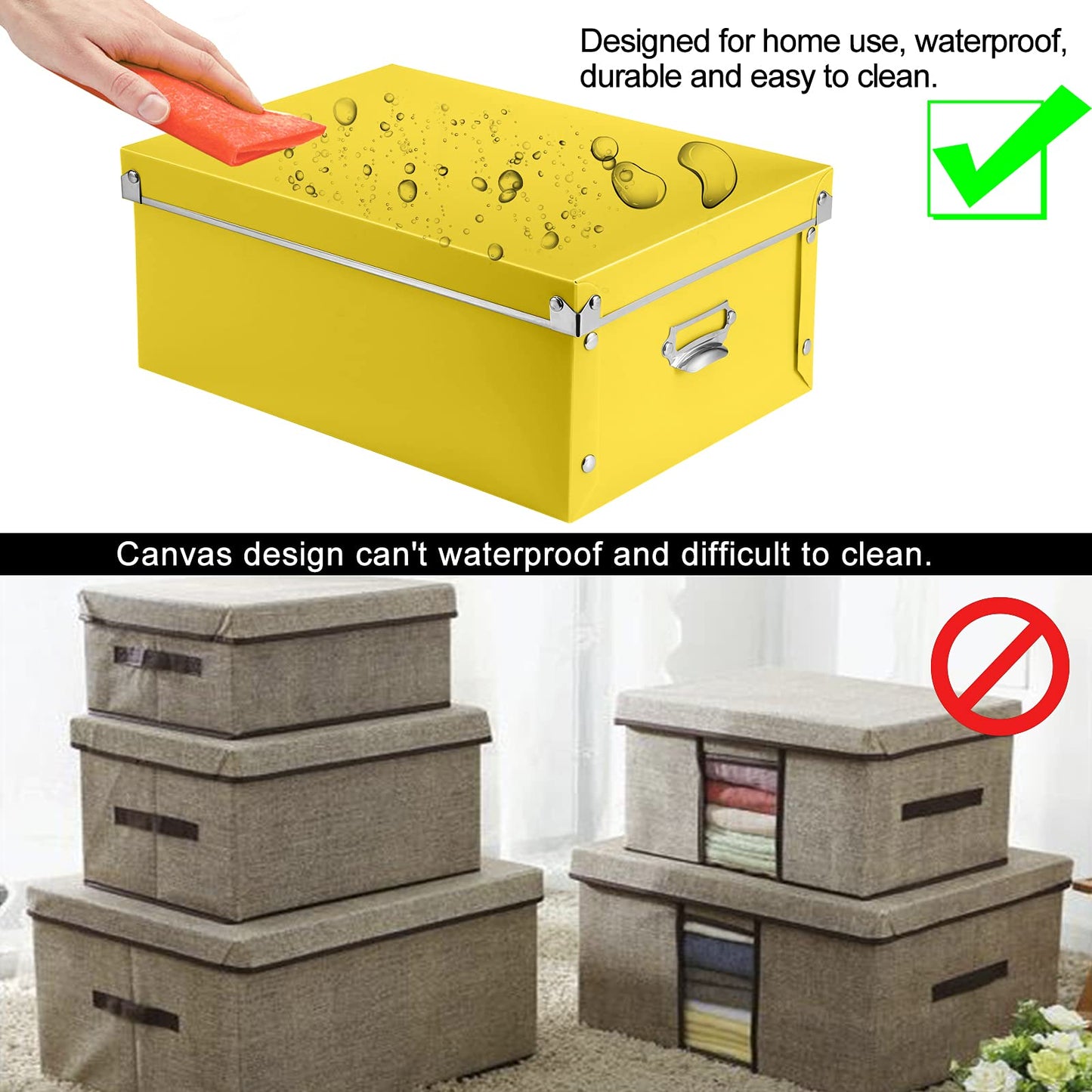 SEEKIND storage box with Lids,3 in 1 Set,Plastic,with Handles,Press-Stud Fastening,Moisture-proof,Foldable for Space Saving Storage,for Clothes,DVD,Blankets (Yellow) …