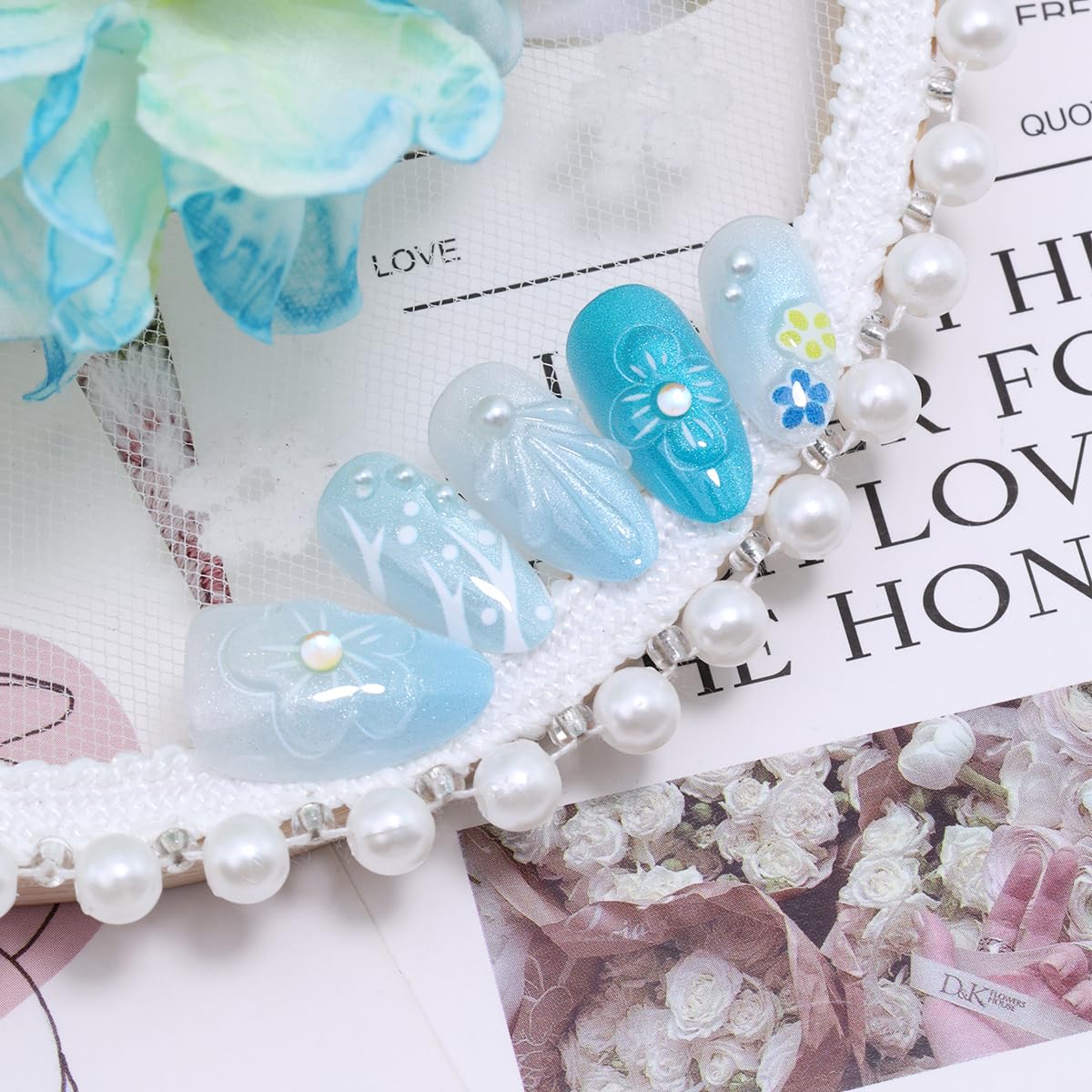 30Pcs Handmade Press on Nails Short Almond Shape Glue on Nails 3D Flower Pearl Fake Nails Blue White Gradient Glitter Acrylic False Nails for Women Summer Vacation Wedding Manicure Decorations