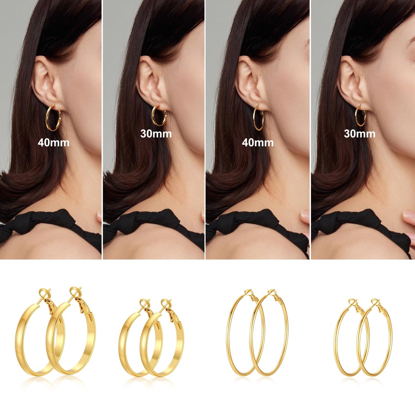 PICKBEAU Chunky Gold Hoop Earrings for Women | 14K Plated Hypoallergenic 4mm Wide & Thin Big Round Circle Hoops Stainless Steel Womens Loop Dangle Earrings Set (30/40mm)