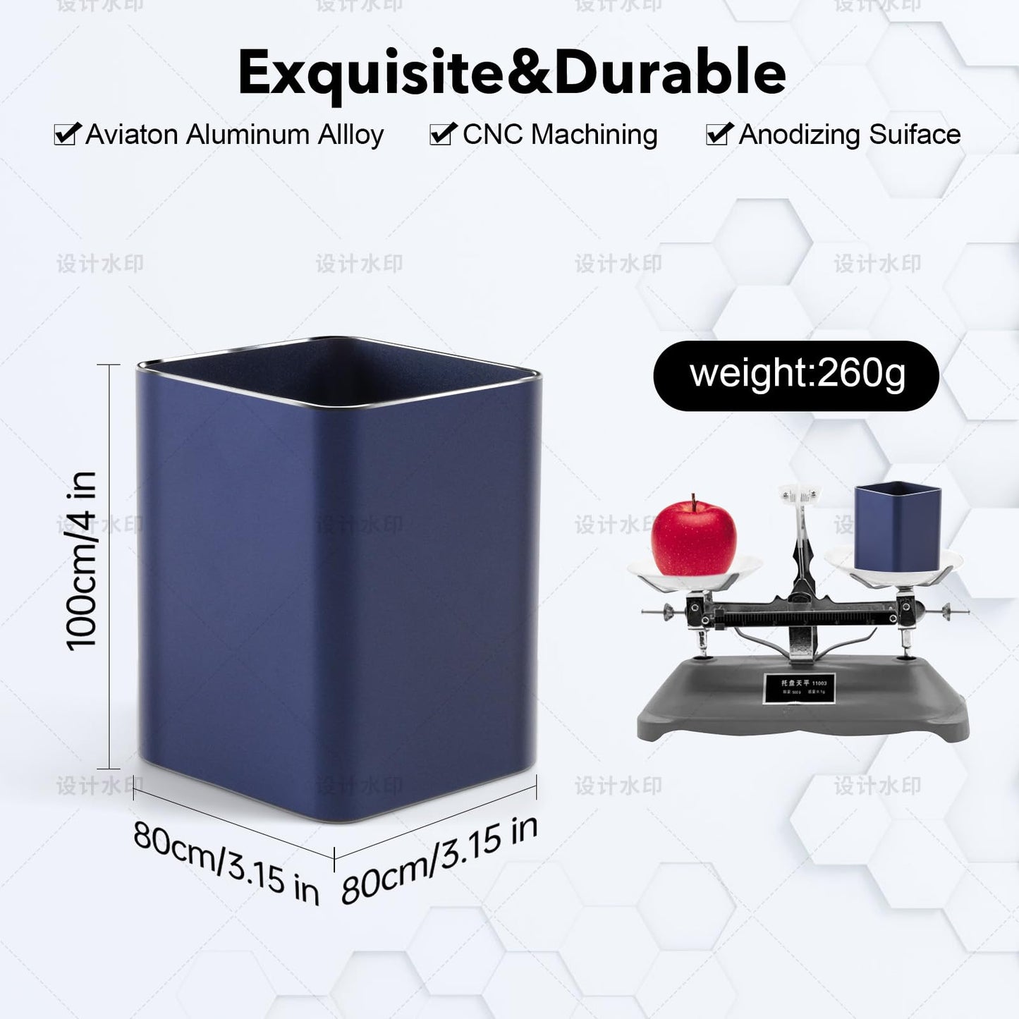 RQB Metal Pen Holder for Desk Square Aluminum Desktop Organizer and Makeup Brush Holder Storage Box for Office, School, Home, and Kids, Non-slip silicone 4×3.15inch (Blue)
