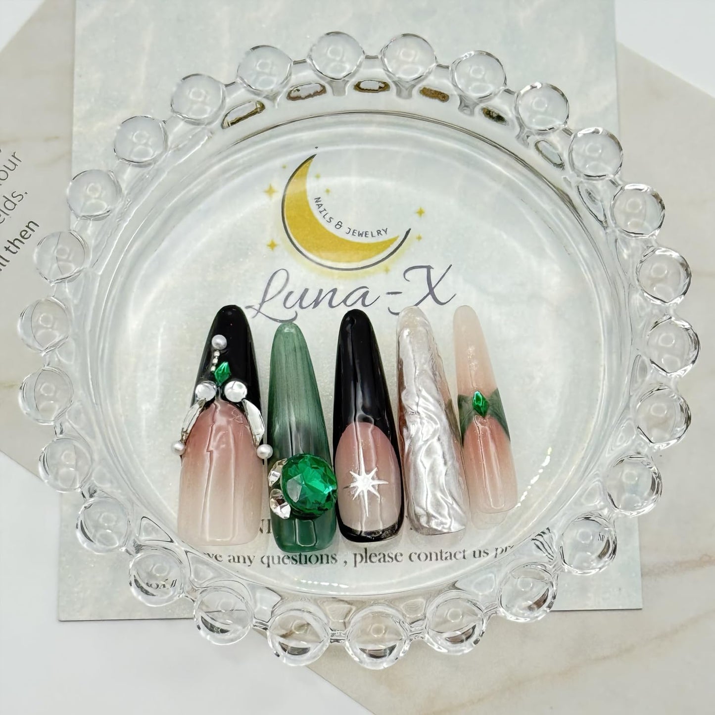 Long Coffin Style Press-on Nails Stiletto Fake Nails,design with 3D Moon, green and silver, Bling Glitter, Exaggerated decoration. 10Pcs Nail Kit for Women Girls Luxury Manicure.