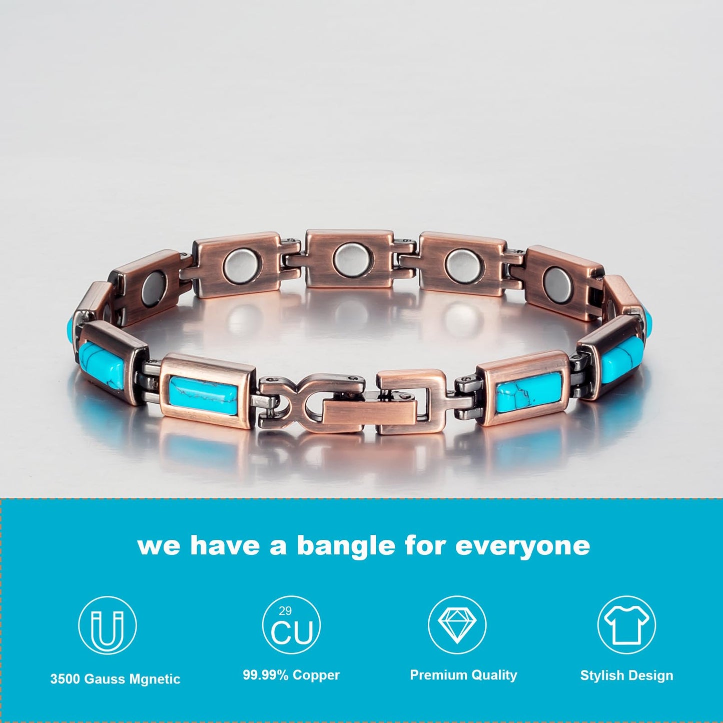 EnerMagiX Copper Bracelets for Women, 7.48inch Adjustable Blue Turquoise Magnetic, Fashion Jewelry Present (0170)