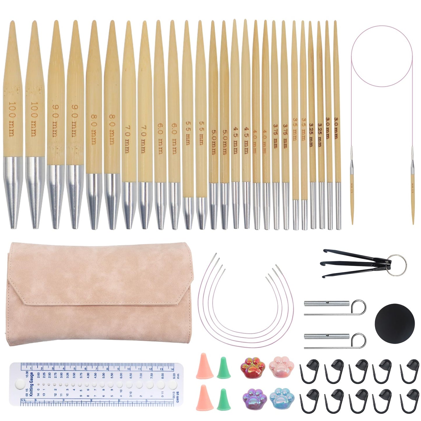 Soleeya 13 Pairs Interchangeable Knitting Needles Set,Interchangeable,Circular Bamboo Knitting Needles for Beginners 0.12-0.39in Handmade DIY, Complete Accessories