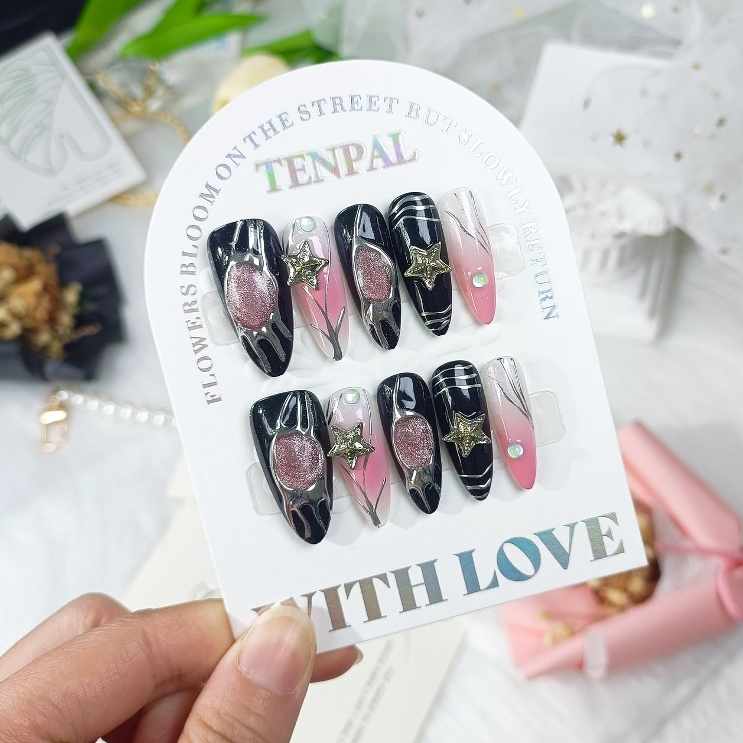 TENPAL Y2k Press on Nails long Stiletto,Black Star Charms Glitter Swirl, Soft Gel Fake Nails With Tools,Handmade Acrylic 10pcs/Box Pink False Nails With Air Brush Designs(XS)