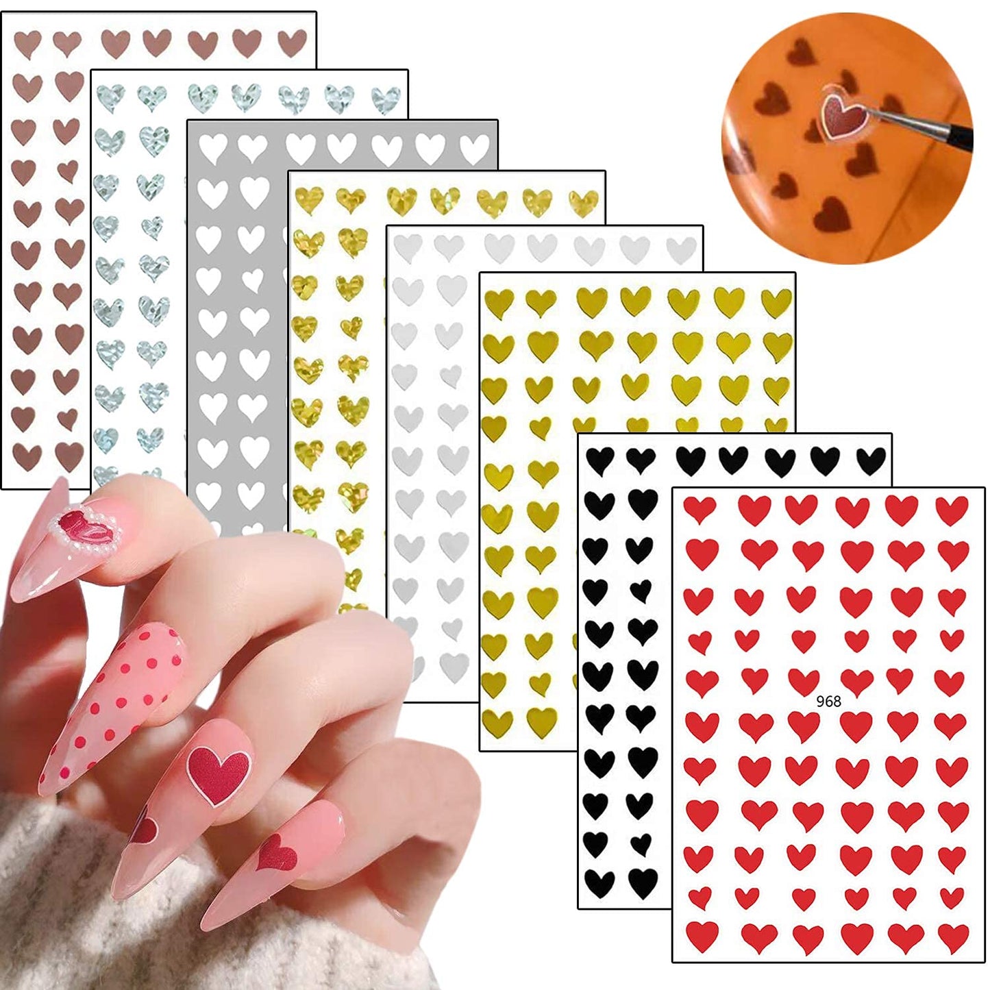 6 Sheets Rose Nail Stickers and 8 Sheets Heart Nail Stickers
