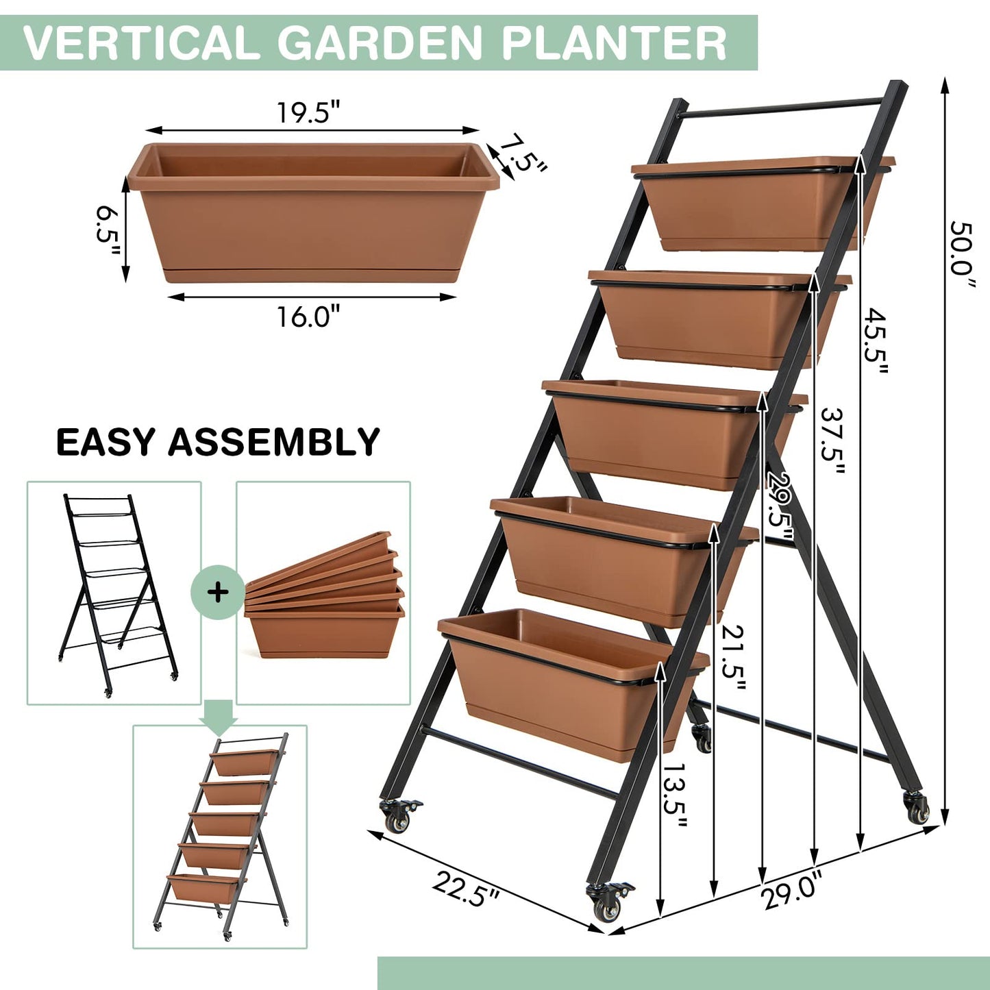 S AFSTAR 5-Tier Vertical Garden Planter, Raised Garden Bed with 2 Lockable Wheels, 5 Removable Planter Boxes, Metal Frame, Indoor Outdoor Elevated Planting Box for Flower Vegetables Fruit Herbs