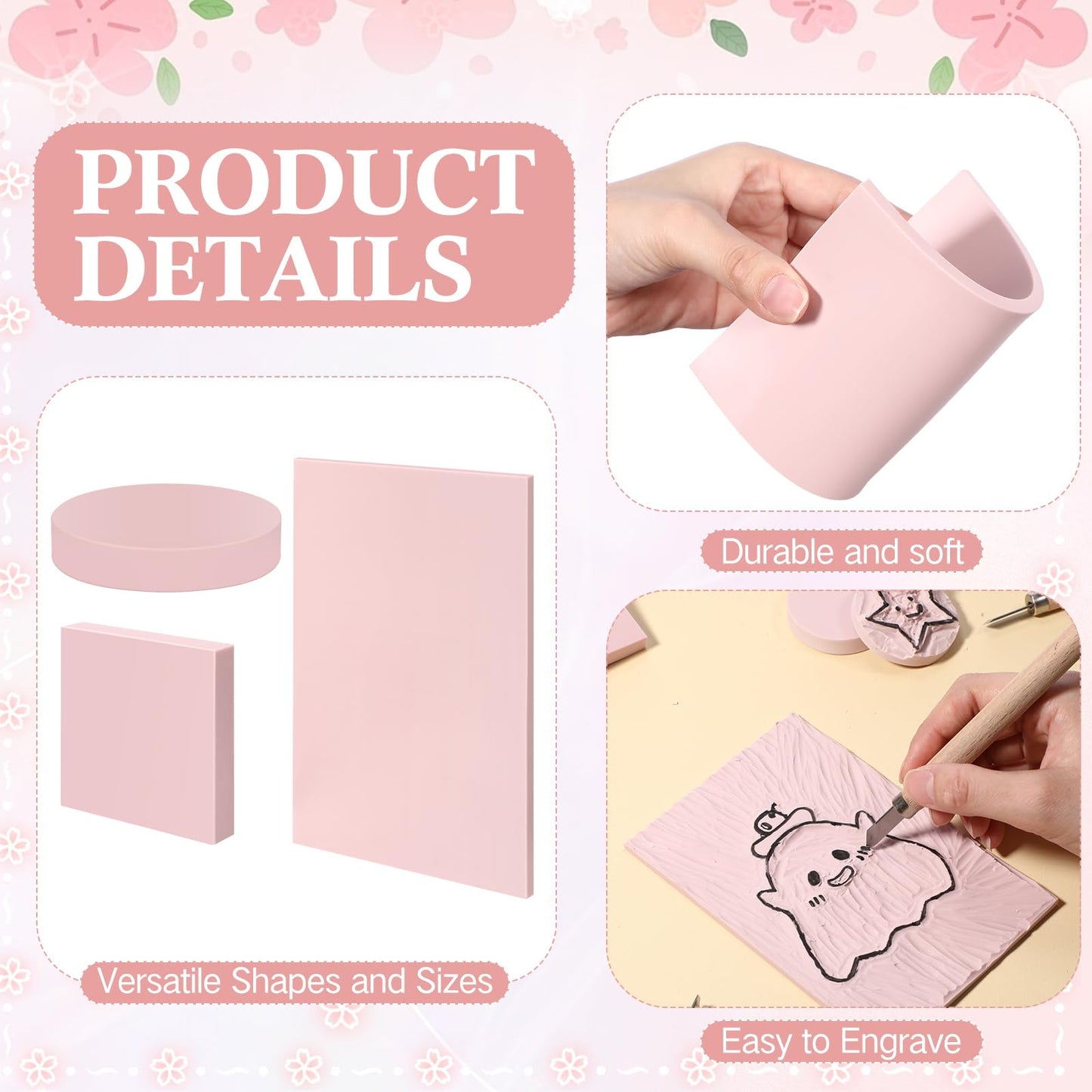 Innconee 18 Pcs Rubber Stamp Carving Blocks Linoleum Blocks 4"x6" and 2"x2" Round Square Rectangle Block Carving Kit for Stamp Crafts DIY Project(Pink)
