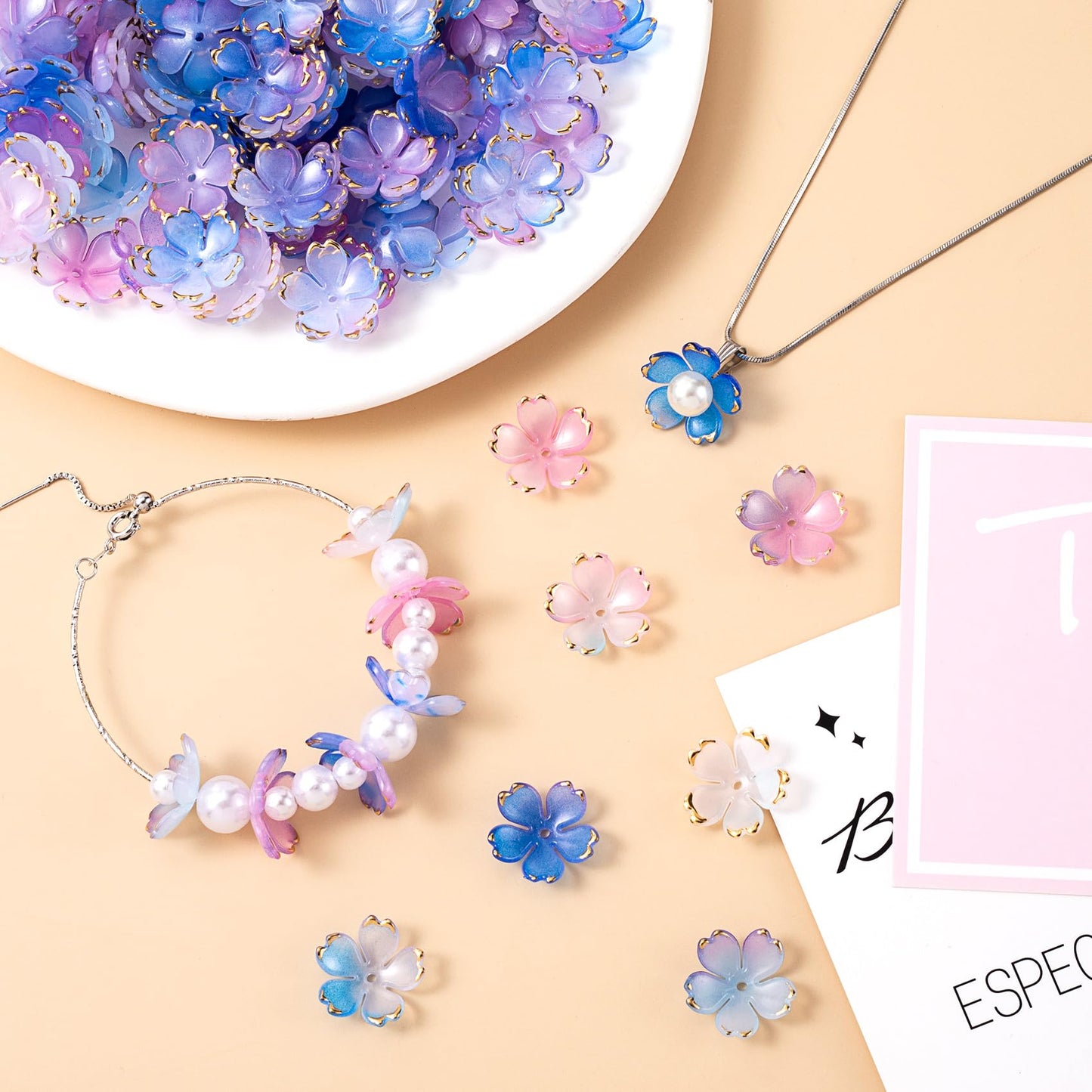 CustomyLife 100Pcs Cherry Blossom Acrylic Flower Beads, Blue Violet Mini Flower Charm Wedding Prom Halloween Christmas Hawaii Decoration for Jewelry Making