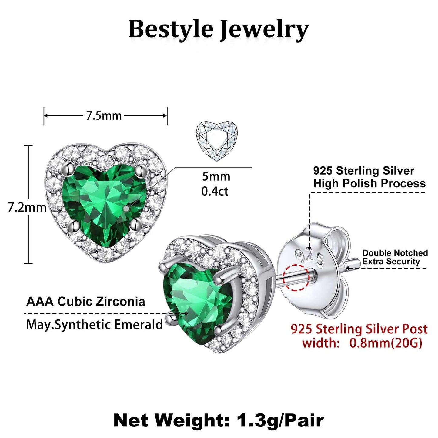 Bestyle Heart May Emerald Birthstone Earrings Green Studs Embellished with White Crystals Sparkling Ear Jewelry for Birthday/Christmas/Party/Anniversary/Wedding