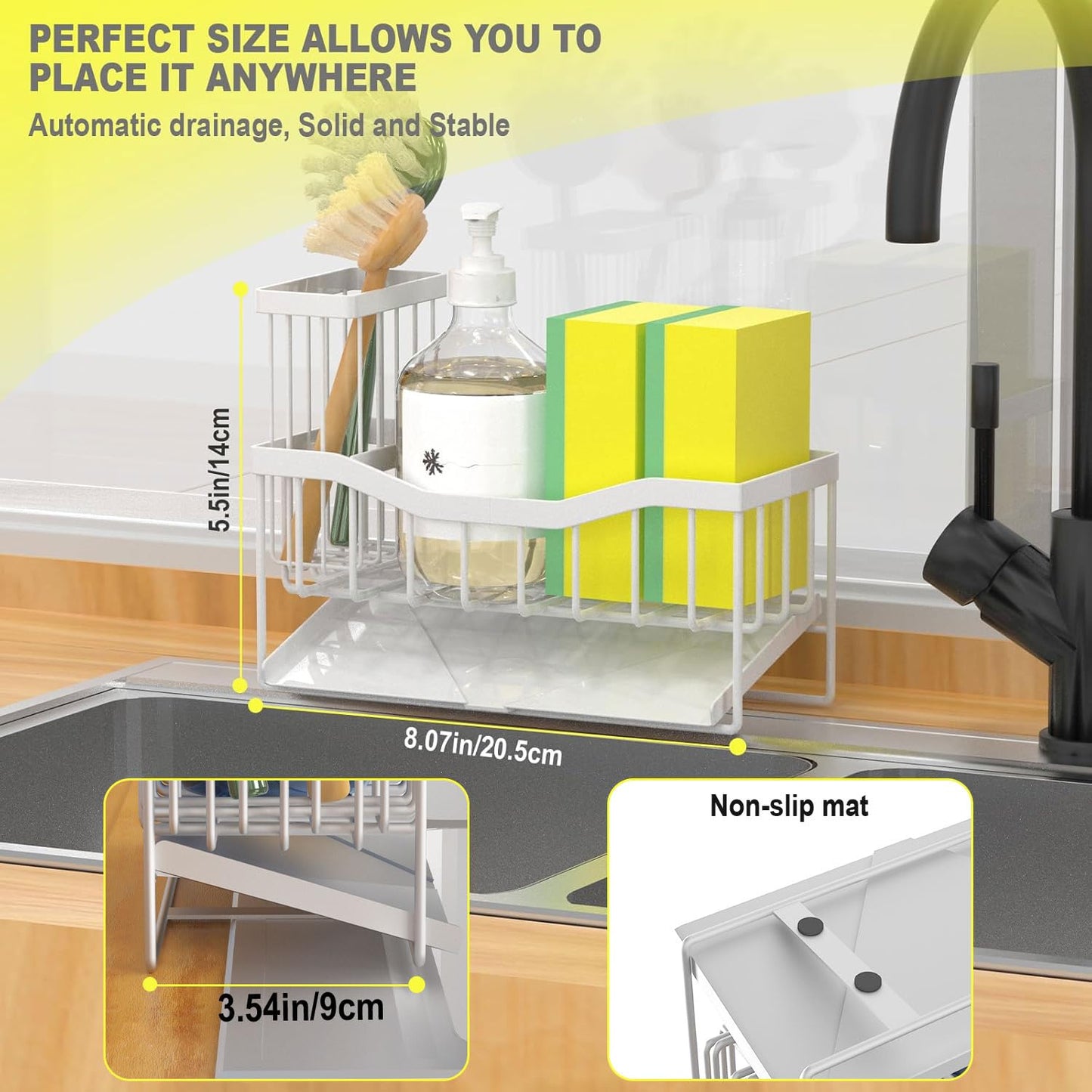 Fssvcd Maifan Sink Caddy Sponge Holder for Kitchen with Brush Holder and Stainless Steel Self Drain Tray, Rustproof Kitchen Sink Organizer for Sponge, Soap Dispenser Storage Accessories