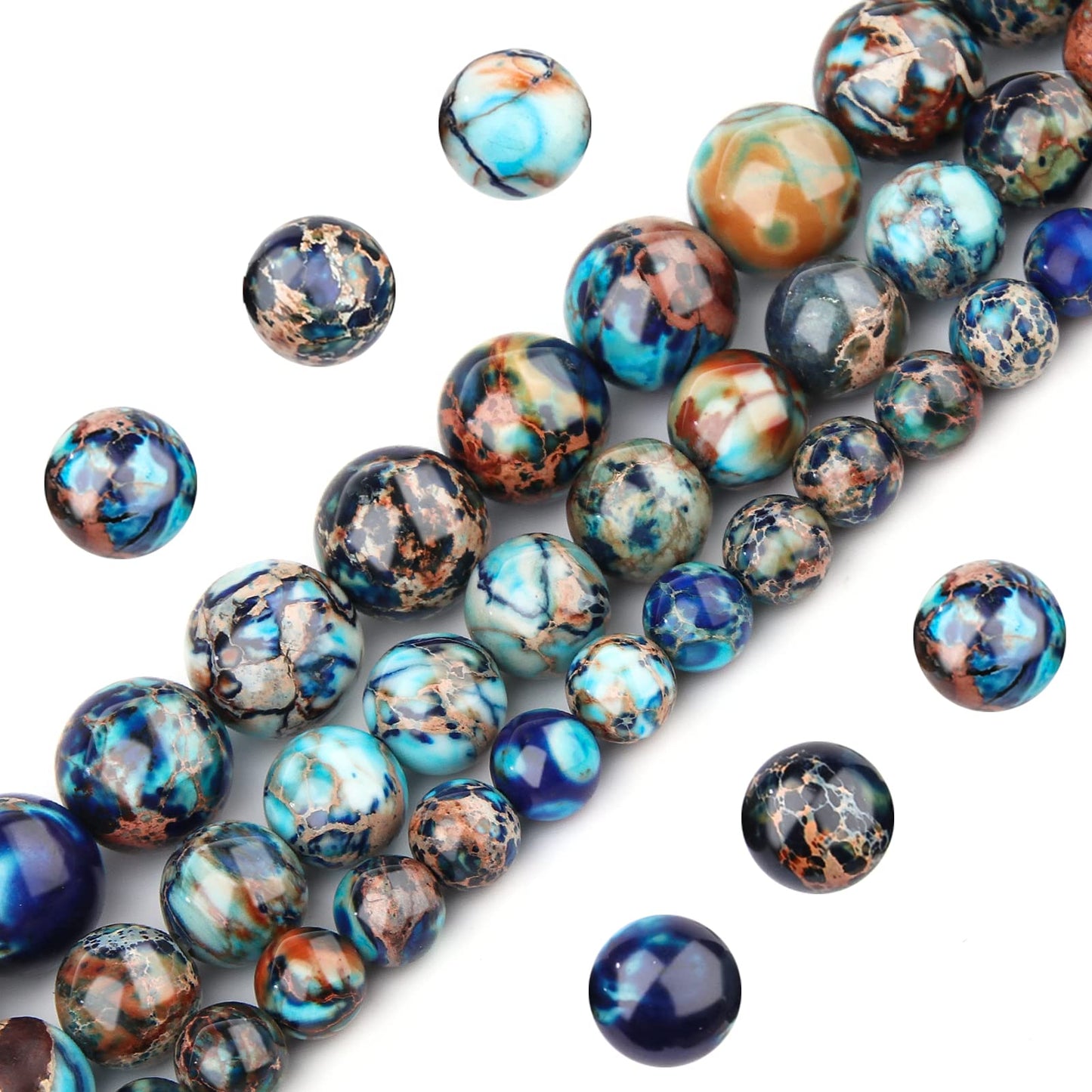 Filluck Natural Stone Beads 8mm Mixed Blue Imperial Jasper Polished Round Smooth Gemstone Beads for Jewelry Making Adults 15 Inch(Mixed Blue Imperial Jasper,8mm)