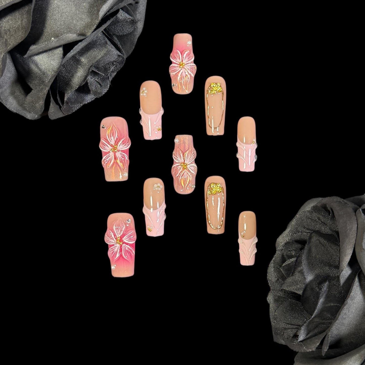 Handcrafted Press on Nails, 3D Floral Pink on Blush Nude Fake Nails, Long/Medium Square Shape, Reusable Acrylic False Nails Filigree Bloom (M)