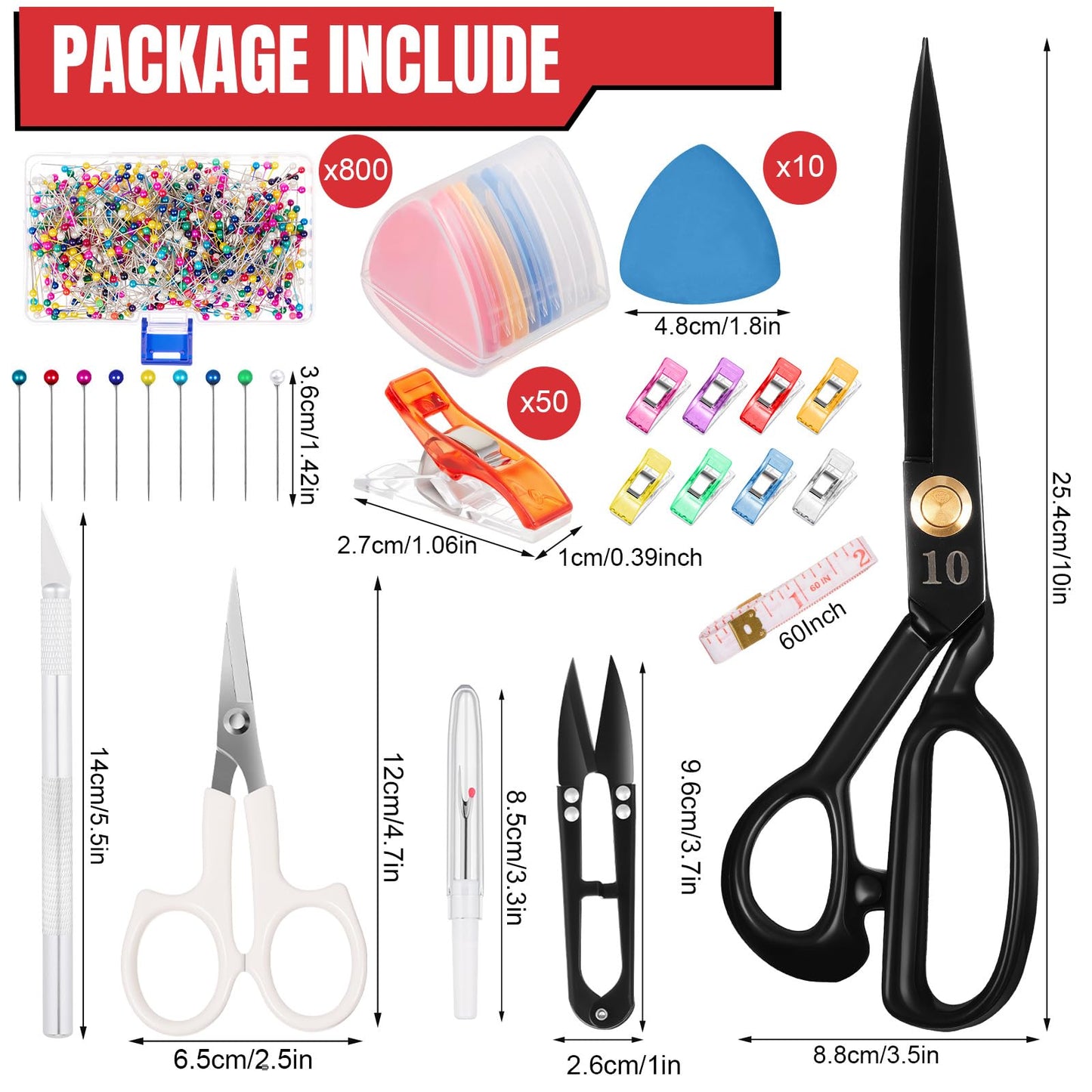 Lasnten 10 Inch Fabric Scissors Heavy Duty Sewing Scissors for Cutting Leather Clothes Tailor Shears Set with Tailors Chalk, Plastic Clips, Sewing Pin for Home Office Artists Dressmakers