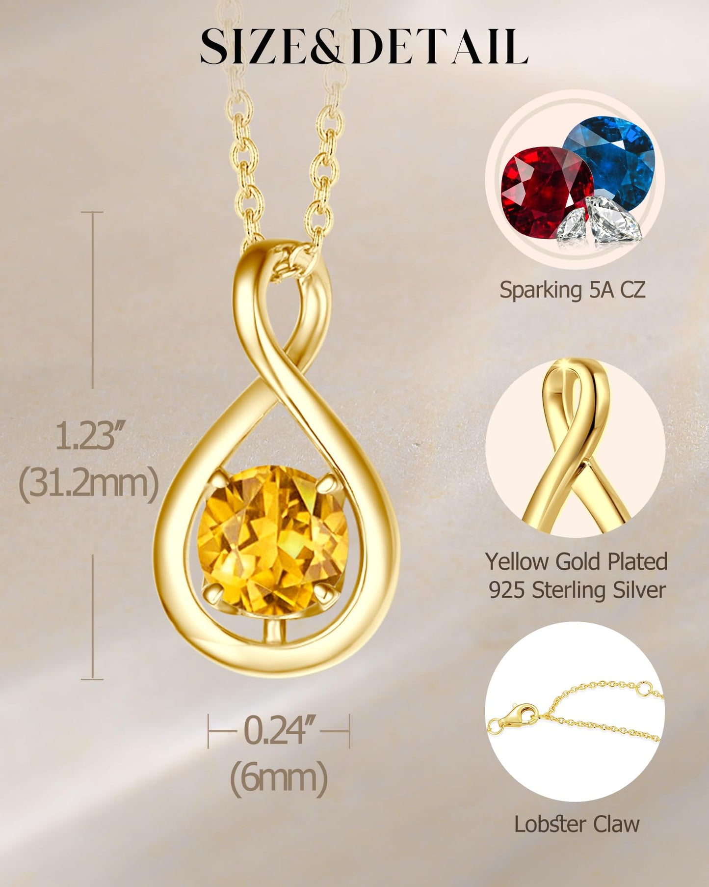 FANCIME Citrine Necklace November Birthstone Yellow Gold Plated Sterling Silver Yellow Topaz Gemstone Infinity Pendant Fine Jewelry Anniversary Mothers Day Gifts for Women Her Mom