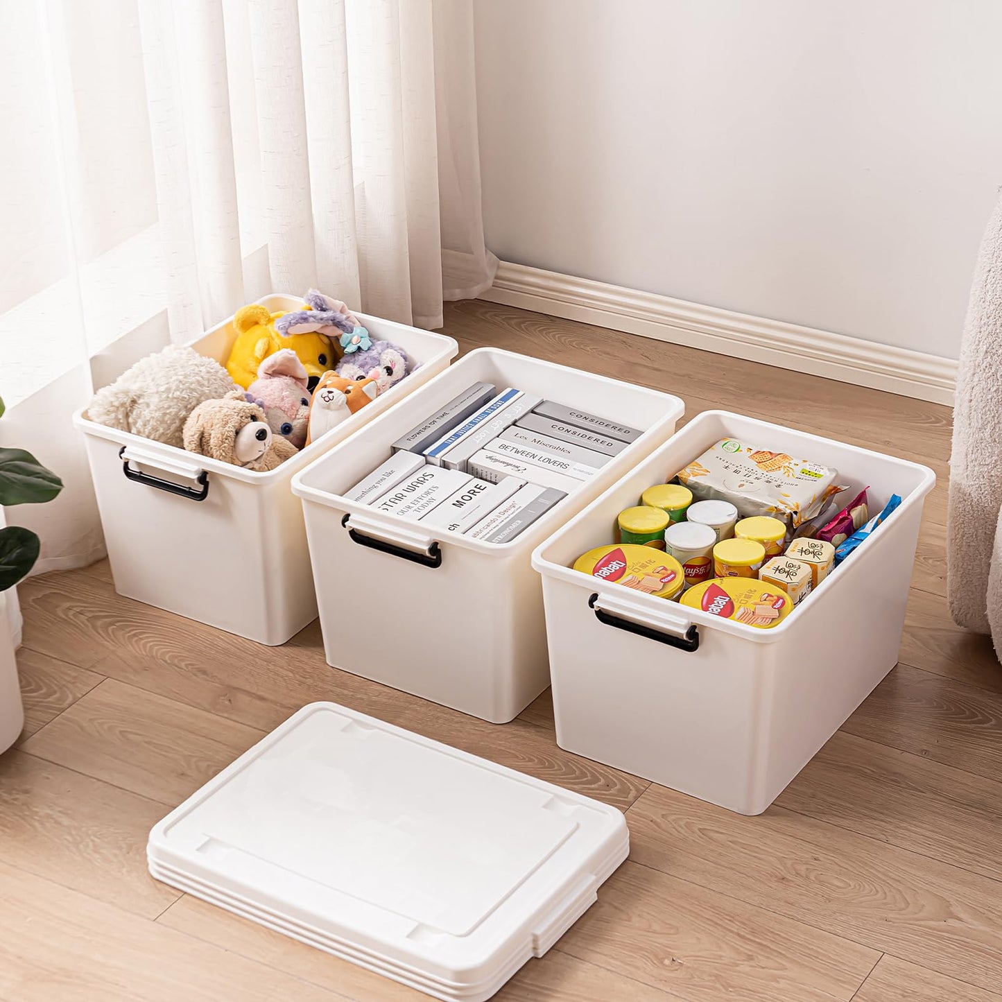 Duufiell 3 Extra Large Storage Bin with 4 Quiet 360° Swivel Casters - 55cm Tall Heavy Duty Organizer with Snap-On Lid, Dust-Proof Moisture-Proof, Stackable Design for Living Room, Bedroom, Study