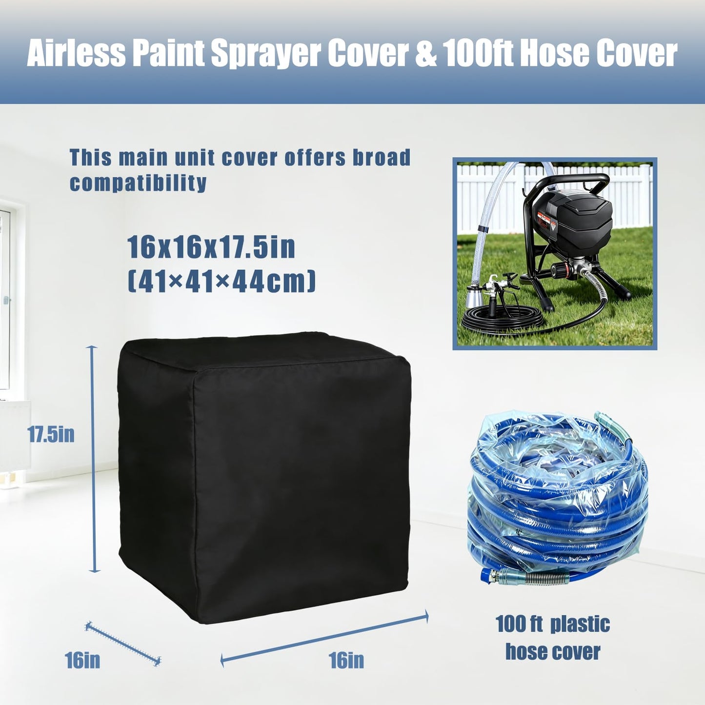 Airless Paint Sprayer Cover and 100ft Hose Cover Set, Heavy-Duty 600D Oxford Fabric Dust Cover with Hook and Loop & Drawstring, Airless Paint Sprayer Accessories (16x16x17.5in)