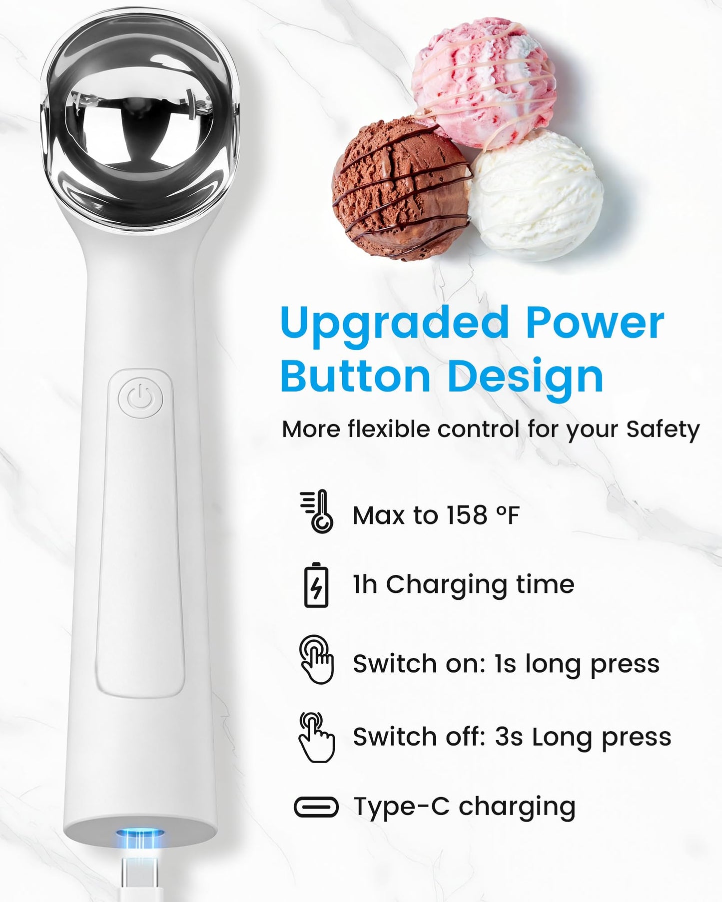 Heated Ice Cream Scoop Rechargeable, Heating Electric Ice Cream Scooper with LED Display, 158°F Warming Spoon for Hard Icecream