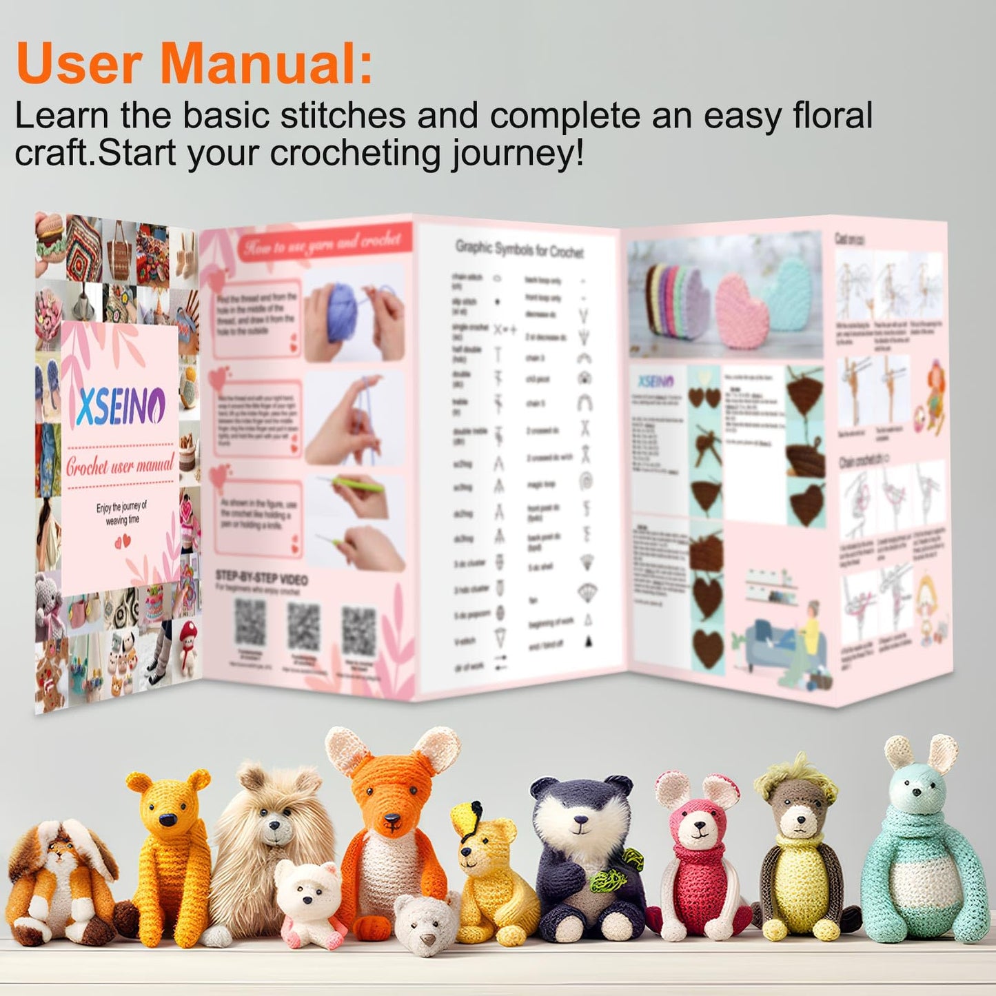 XSEINO Crochet Kit with Crochet Hooks Yarn Set - Premium Bundle Includes 40 Colors Crochet Yarn Balls, Crochet Kit, Accessories Kit, Crochet Bag and Lot More - Starter Pack for Beginners