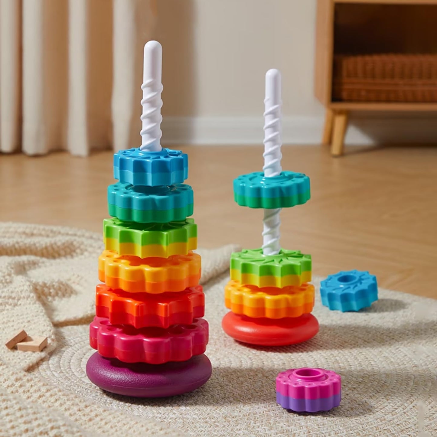 Baby Spinning Stacking Toys, Spin ABS Plastic and Color Rainbow Design Ring Stacker Baby Toys 6 to 12 Months Montessori Educational Learning Autism Sensory for Boys and Girls