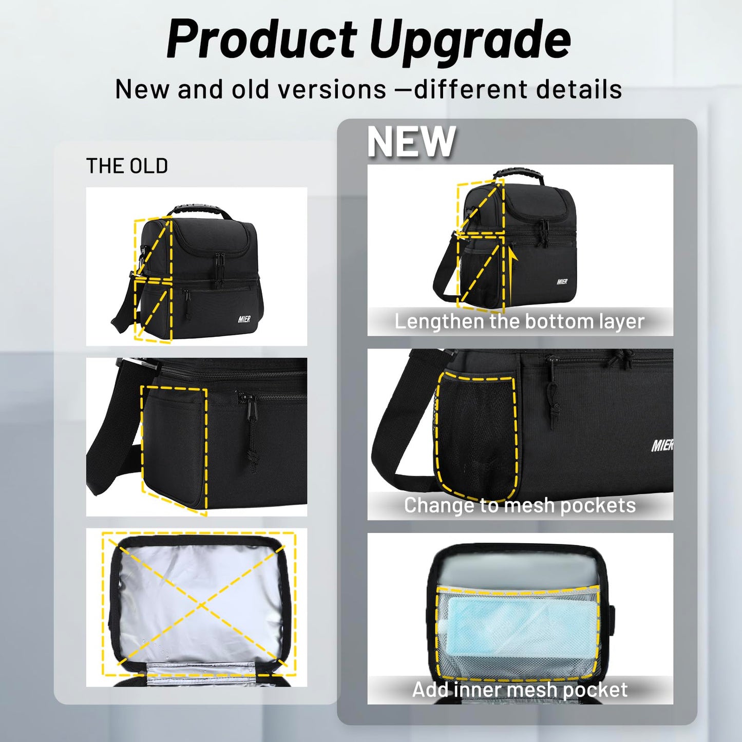 MIER Insulated Lunch Box Dual Compartment Lunch Bag Leakproof Cooler for Men Women Adult Work, Black, Medium (Upgraded Extra-Tall Bottom Layer)