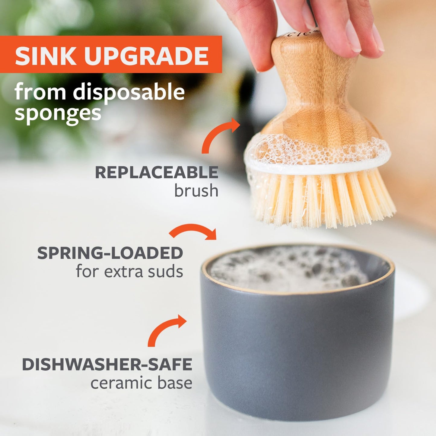 Full Circle Bubble Up Bamboo Dish Brush & Ceramic Soap Dispenser – Family Safe, Formaldehyde-Free – Kitchen Scrub Brush for Dishes, Nonstick & Cast Iron, Gray