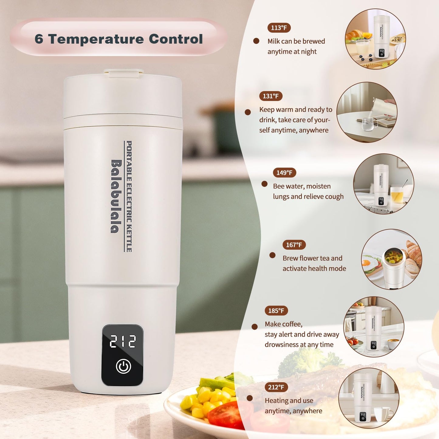 Travel Electric Kettle, Balabulala Portable Water Boiler with 6 Variable Presets,Small Electric Kettle with Keep Warm Temperature Controls & Boil Dry Protection, 17oz,Whitie
