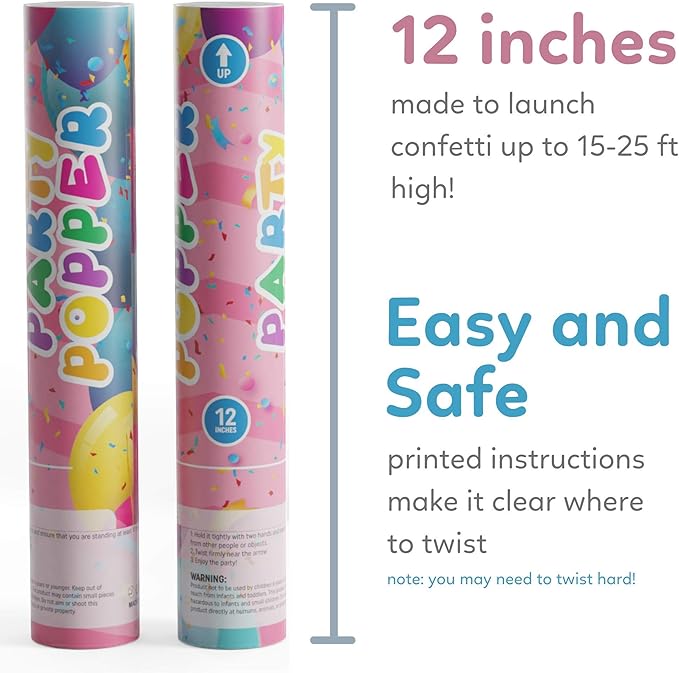 Confetti Poppers Confetti Cannon | 2 Pack | Glitter Multicolor | Party Poppers for Graduation, Birthday, Wedding | Alternative to Fireworks Smoke Bombs | Launches 25 ft | 12 inch | TUR Party Supplies
