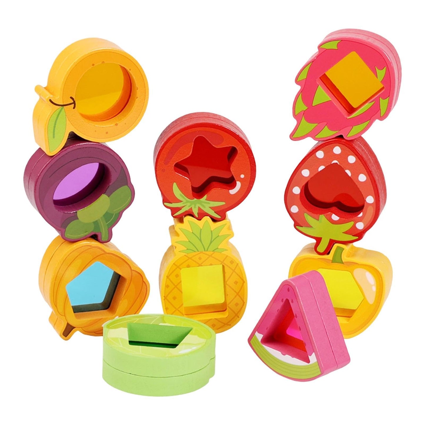Wooden Stacking Blocks for Kids, 10-Piece Sensory Toy Set with Acrylic Fruit & Vegetable Shapes, Fine Motor Skills Gift for Boys Girls