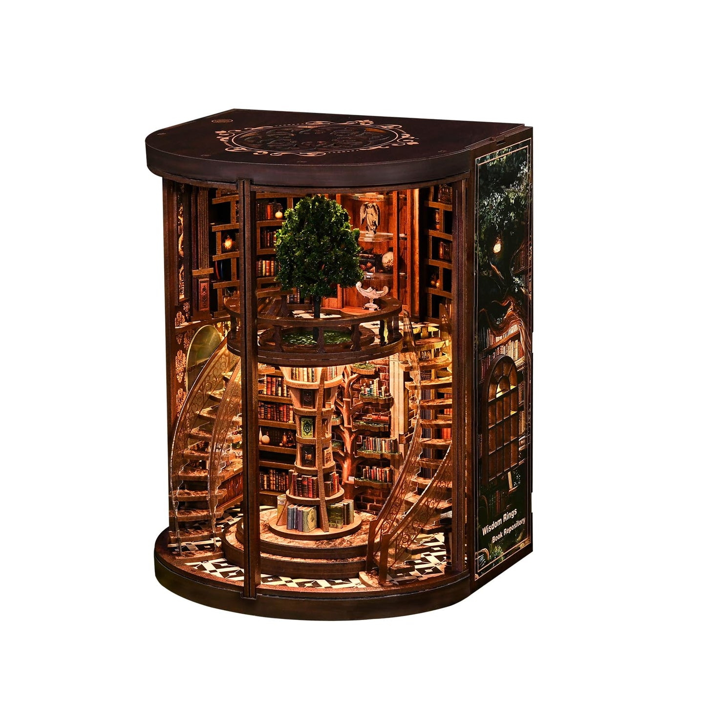 obzergem Book Nook Kit - Wisdom Rings Book Archive - Wooden Bookend and 3D Puzzle with LED Light, DIY Set for Adults, Bookshelf Decoration Diorama Kit, for Birthdays