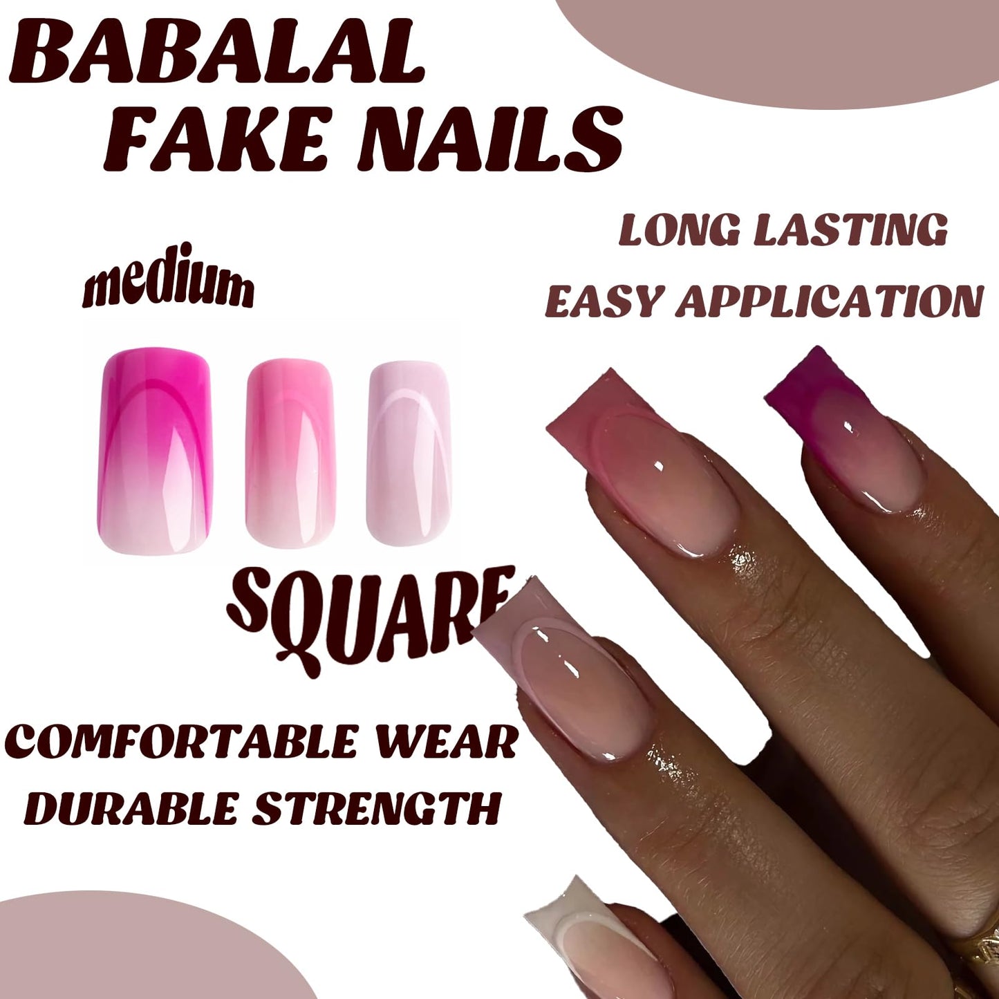 BABALAL Square Press on Nails Medium Fake Nails Purple Pink French Tip Glue on Nails 24Pcs Glossy Squoval Acrylic Nails Artificial Nails for Women and Girls