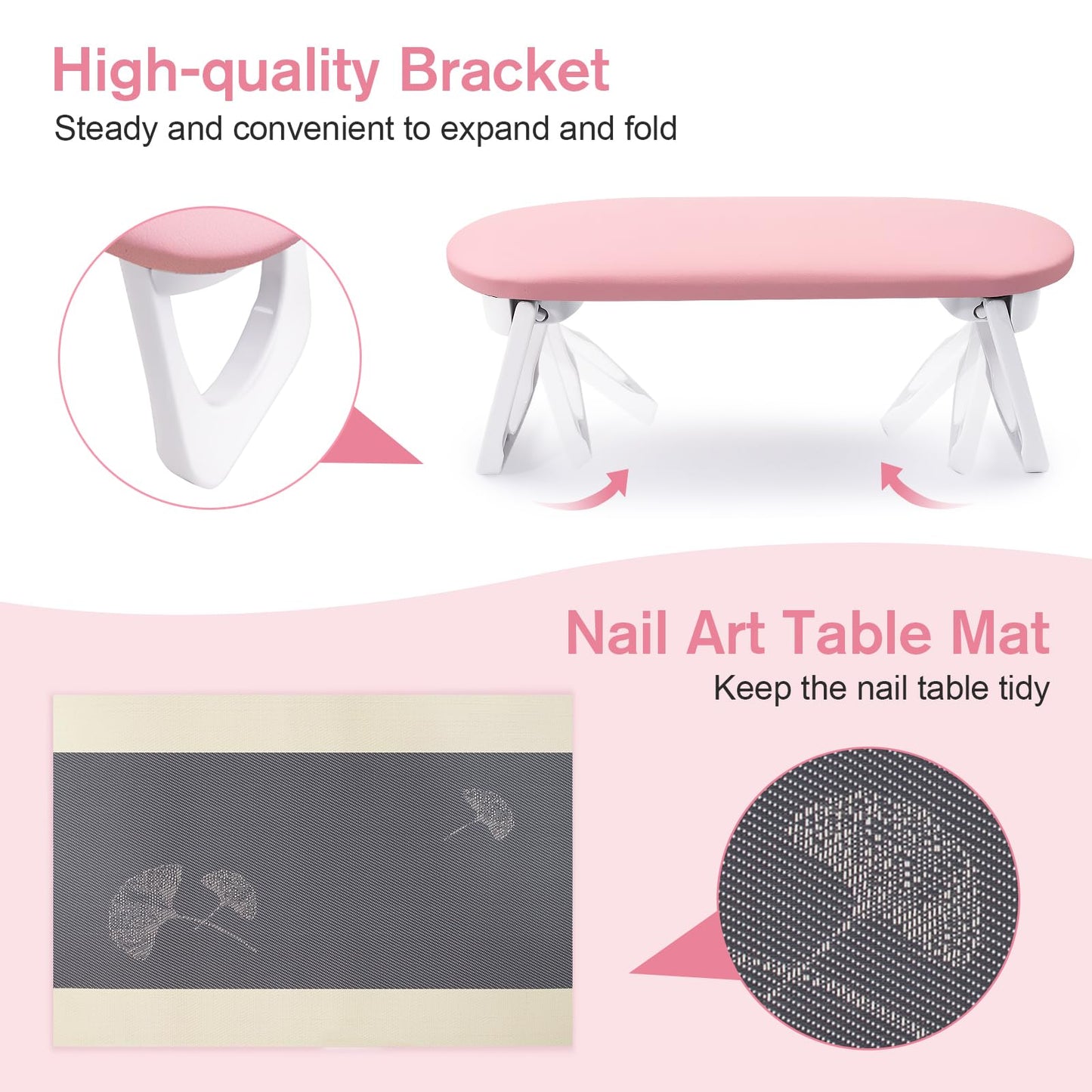 Subay Nail Arm Rest, Foldable PU Leather Manicure Hand Rest for Acrylic Nails Cushion Hand Holder, Nail Arm Rest Pillow Nail Art Tool for Nails Tech Manicure Pedicure Salon Home Use - Pink
