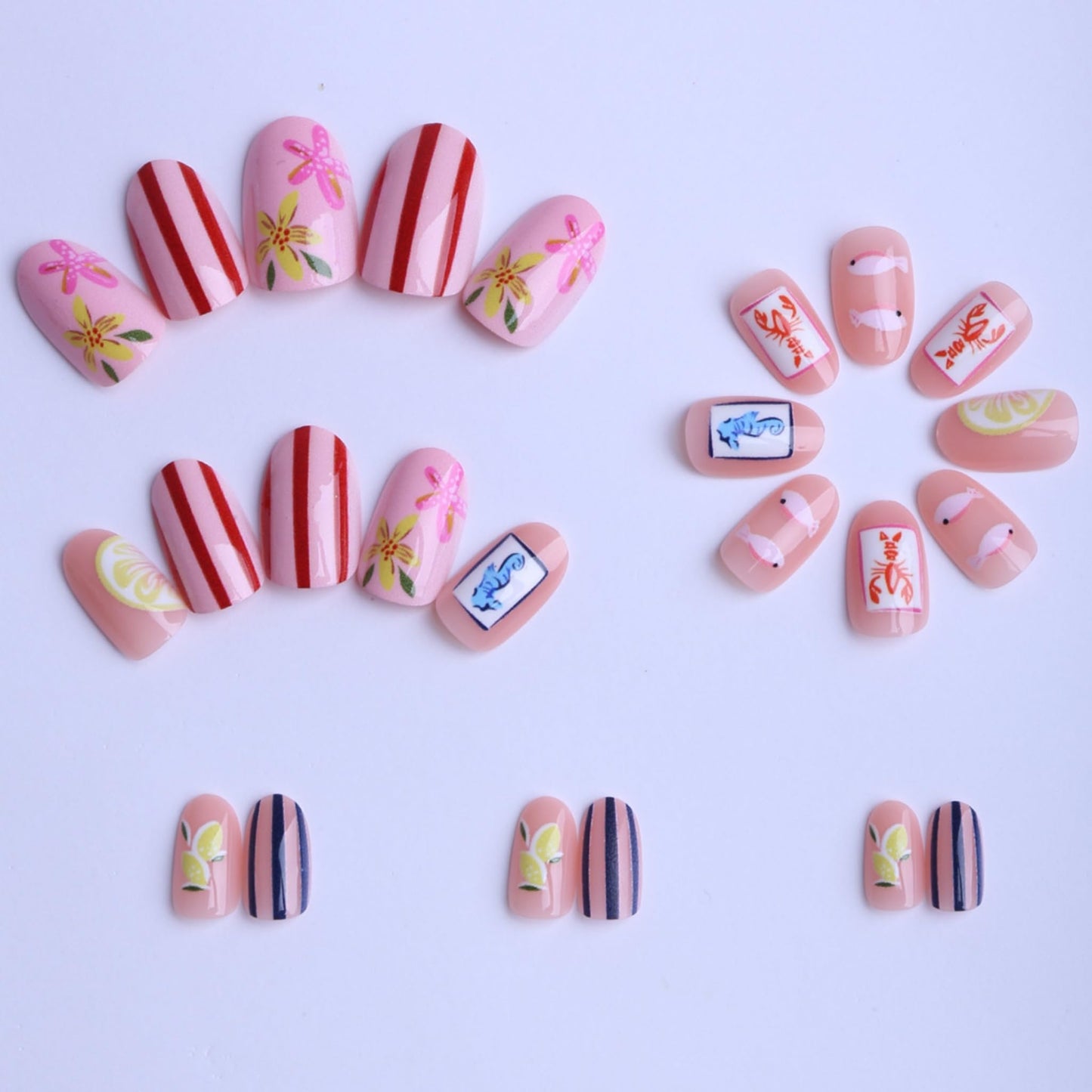 Short Press on Nails Almond Fake Nails Multicolor Artificial Nail Lemon Flower Stripe Pattern Summer Fruit Mediterranean Glossy Stick on Nail for Women 24pcs