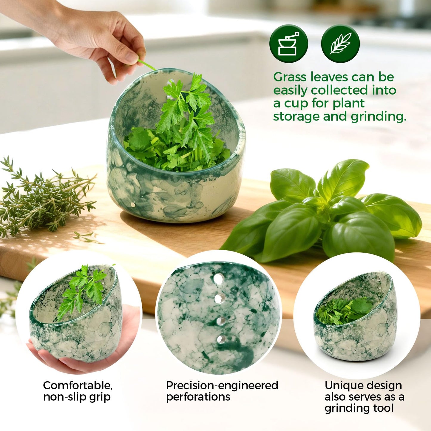 Pottery Herb Stripper Bowl Set – 2 Piece, Including 5-Blade Stainless Steel Herb Cutter Scissors, Herb Stripping Tool & Handmade Pottery Herb Stripper Bowl, For Stripping Leaves and Rhizomes (Green)