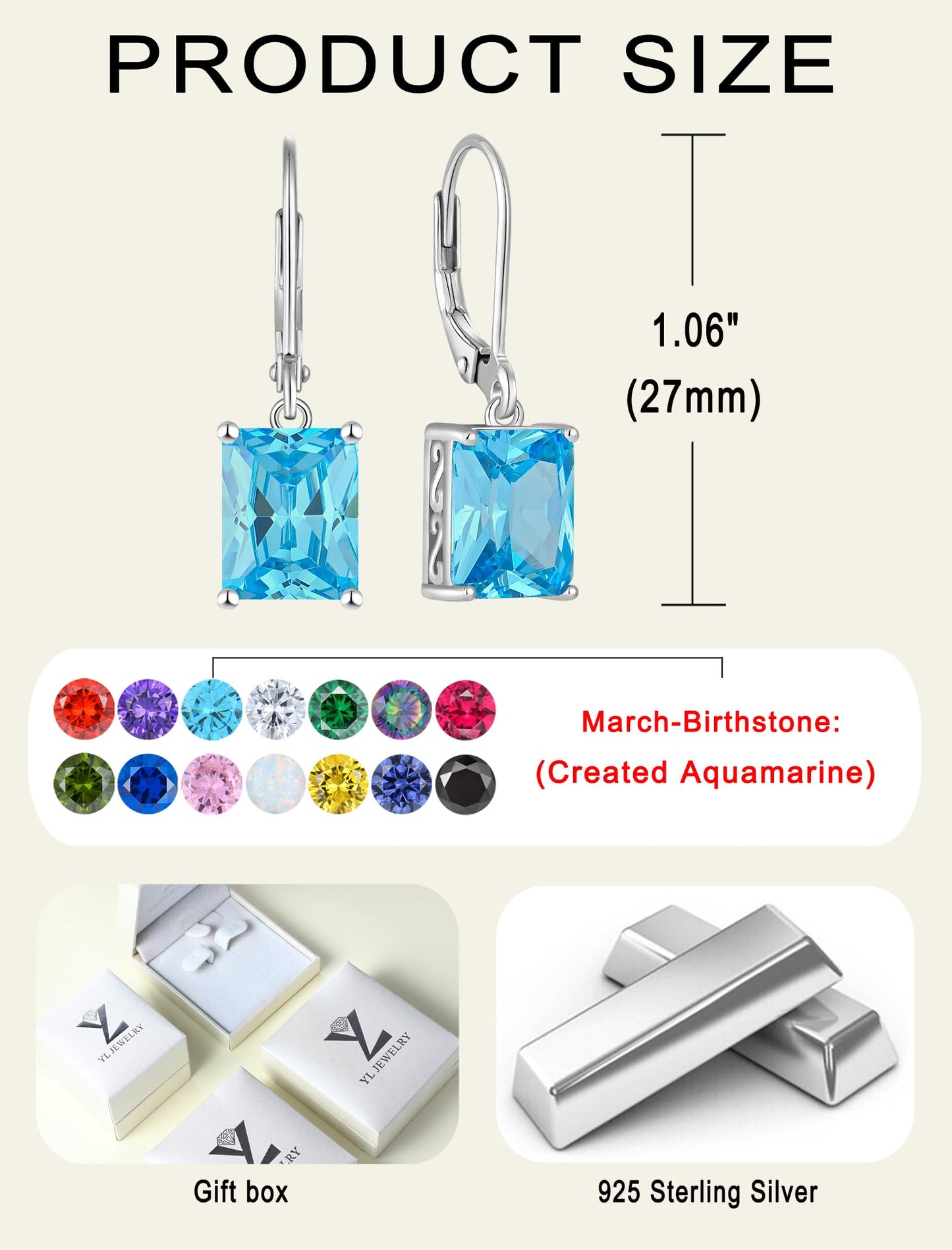 YL Solitaire Dangle Drop Earrings 925 Sterling Silver Leverback Earrings 8X10MM Square Created Aquamarine Jewelry