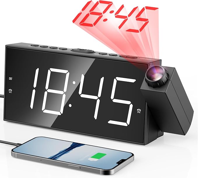 Mesqool Digital Projection Alarm Clock with Dual Alarms, 5 Levels Dimmer | Plug-in Clock with 180° Projection on Ceiling Wall,Battery Backup,12/24H & DST, USB Charging Port,Snooze for Heavy Sleepers